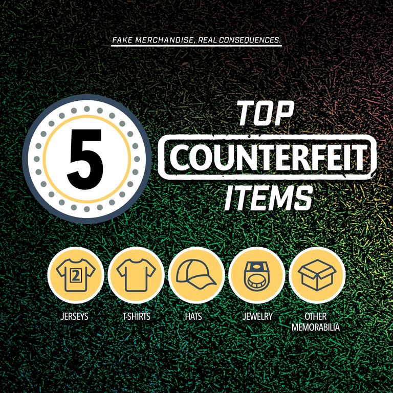 Top 5 counterfeit items 
1. Jerseys 
2. T-shirts 
3. Hats 
4. Jewelry 
5. Championship Rings